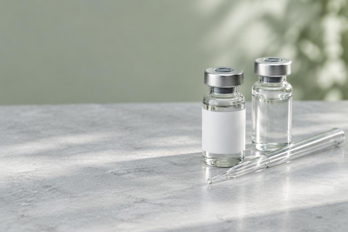 Unbranded glass research vials and a glass pipette on a laboratory surface